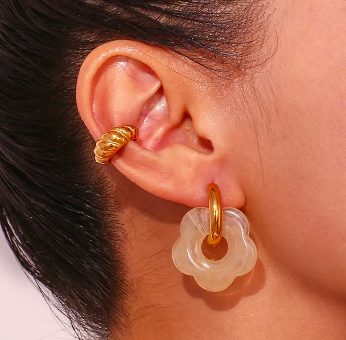 Gold Colorful Resin Flower Hoop Drop Earrings