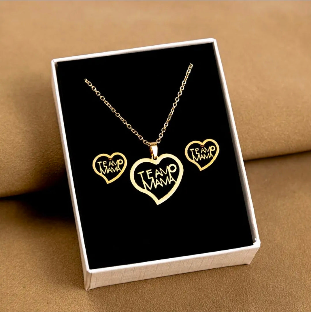 Te Amo Mama Heart Style Fashion Jewelry Necklace And Earrings For Women 304 Stainless Steel Gift Set