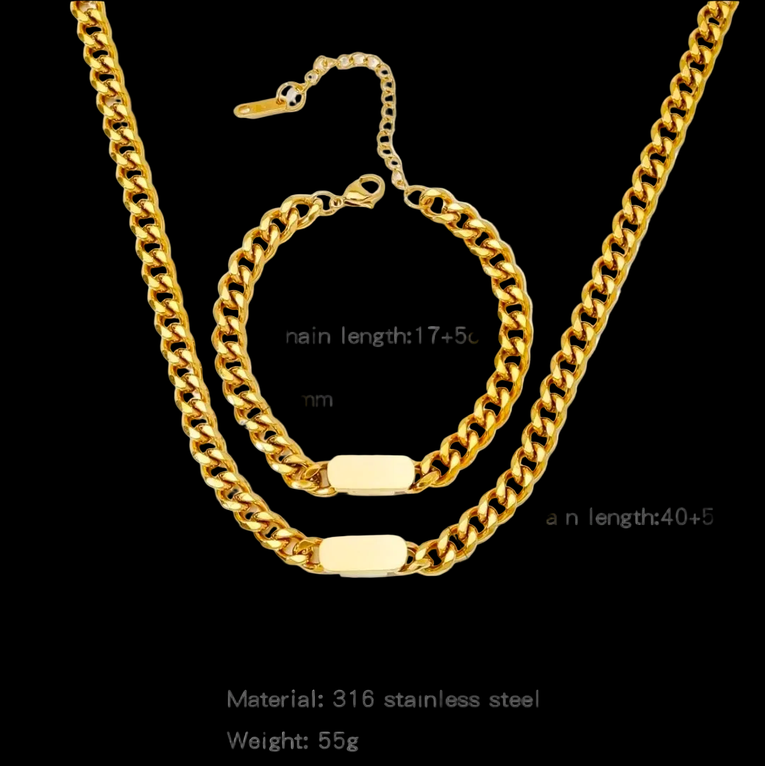 316 Stainless Steel Cuban Link Necklace Bracelet Jewelry Set For Women Men 18K Gold plated Accessory