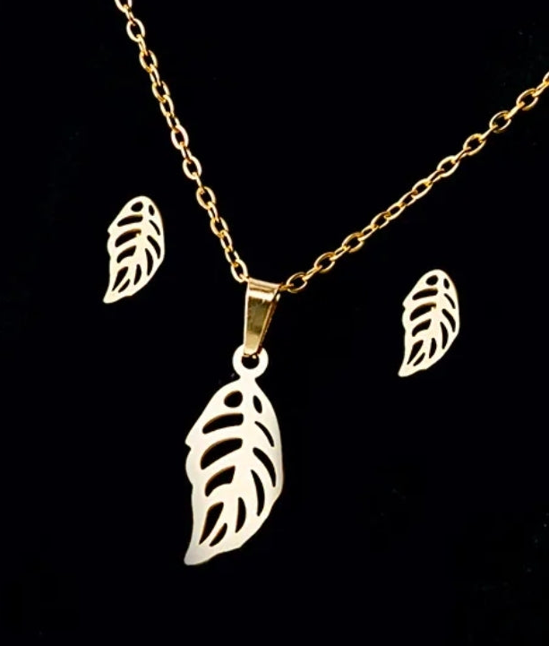 Leaf Shape Fashion Jewelry Necklace And Earrings For Women 304 Stainless Steel Gift Set