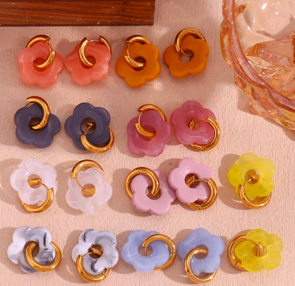Gold Colorful Resin Flower Hoop Drop Earrings