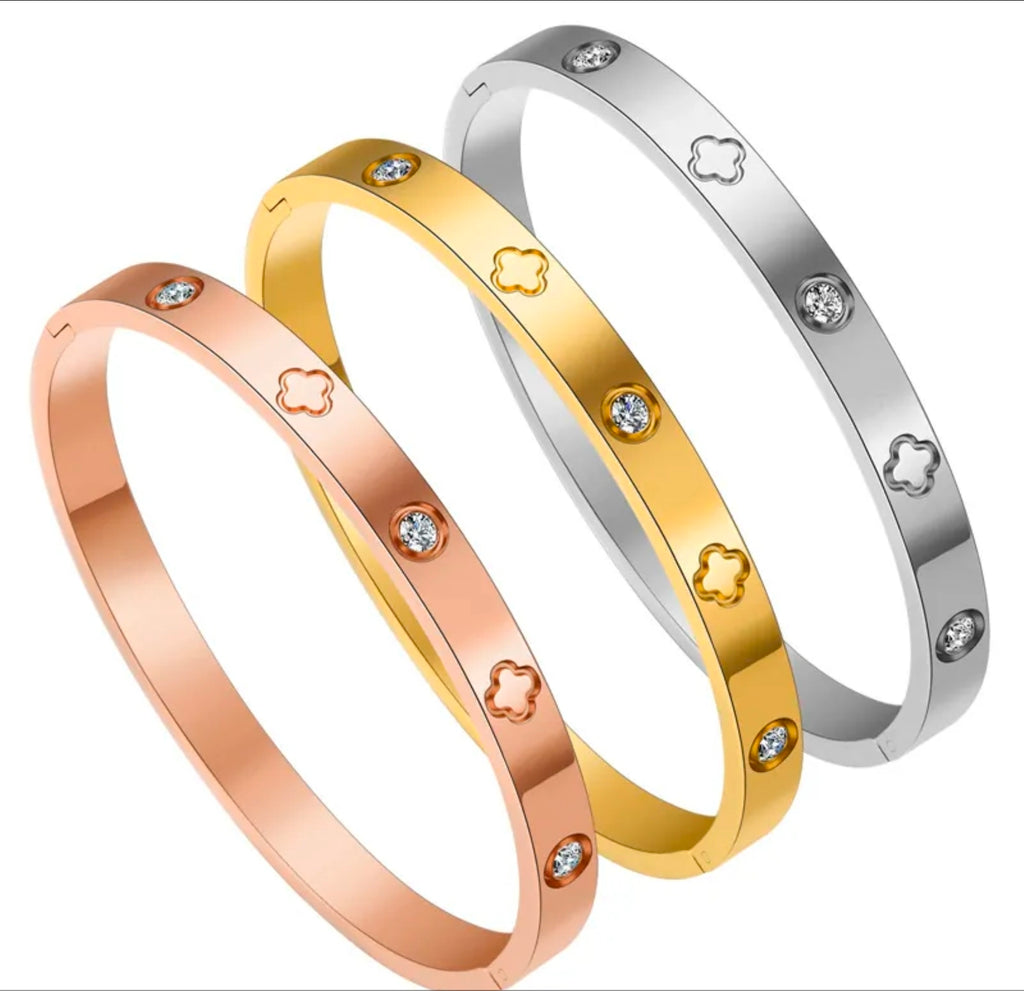 Gold Rhinestone Clover Bangle