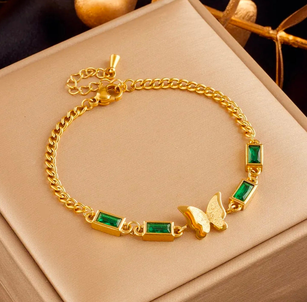 Gold Green Gemstone Butterfly Bracelet