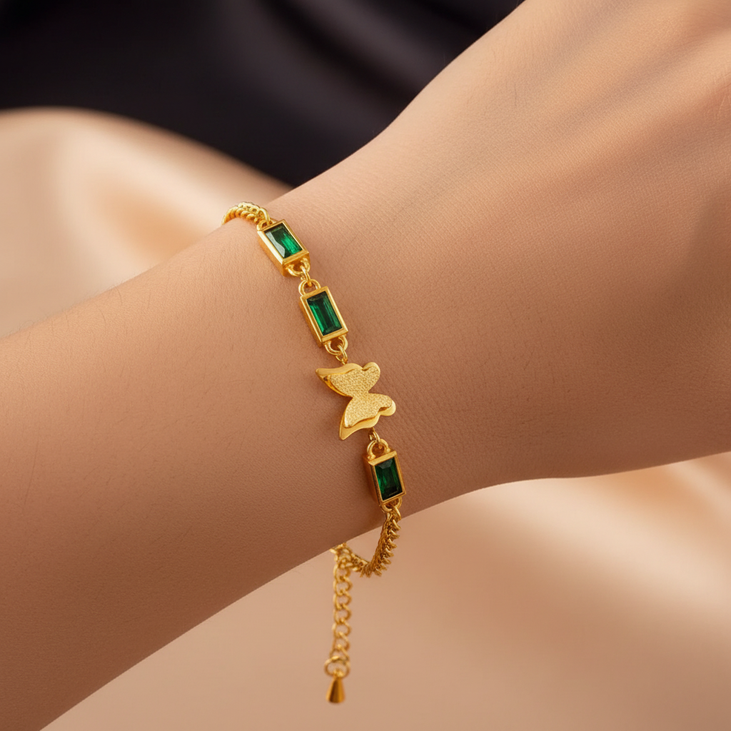 Gold Green Gemstone Butterfly Bracelet