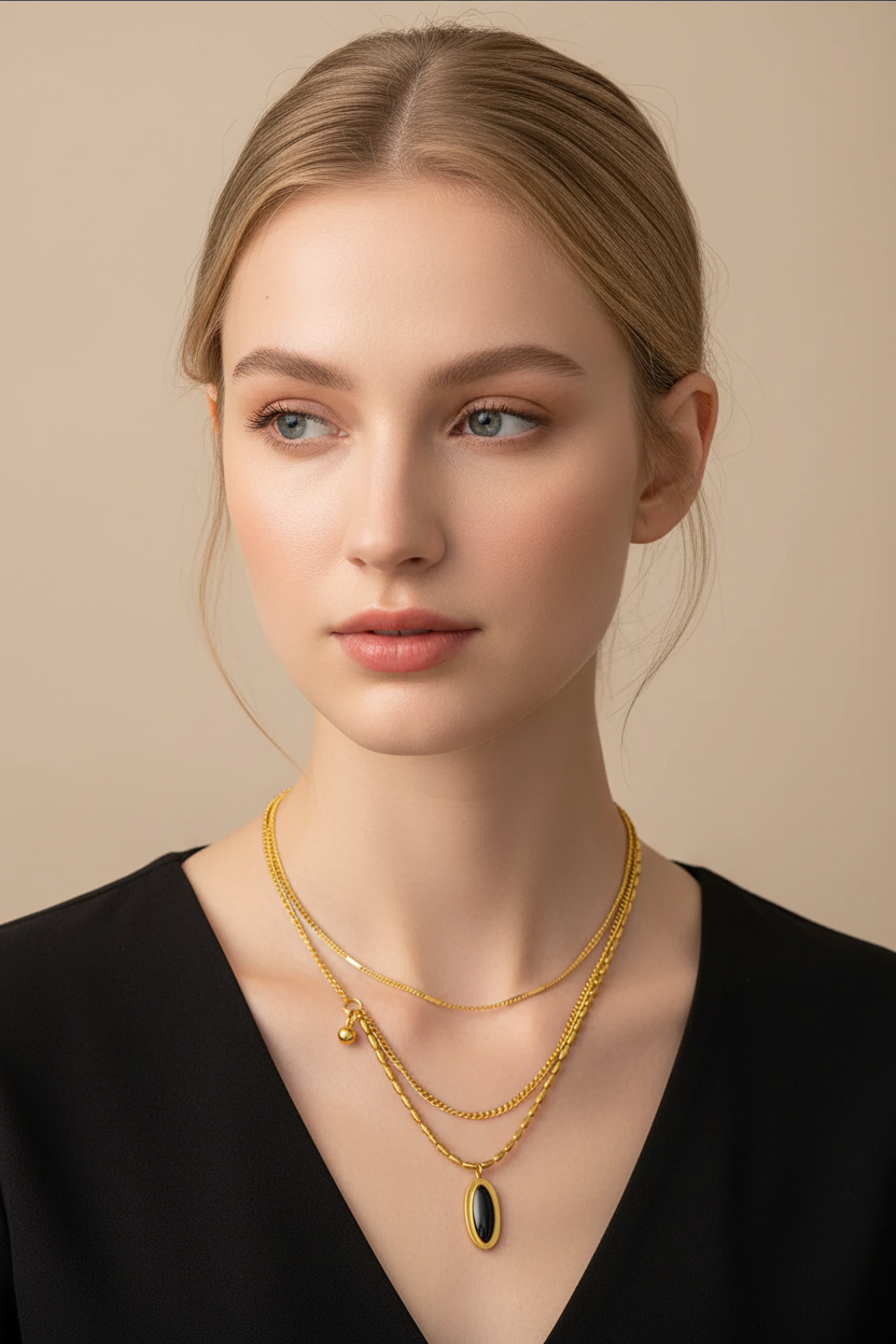 Oval Black Pendant Gold Plated Stainless Steel Necklace For Women Fashion Jewelry Minimalist