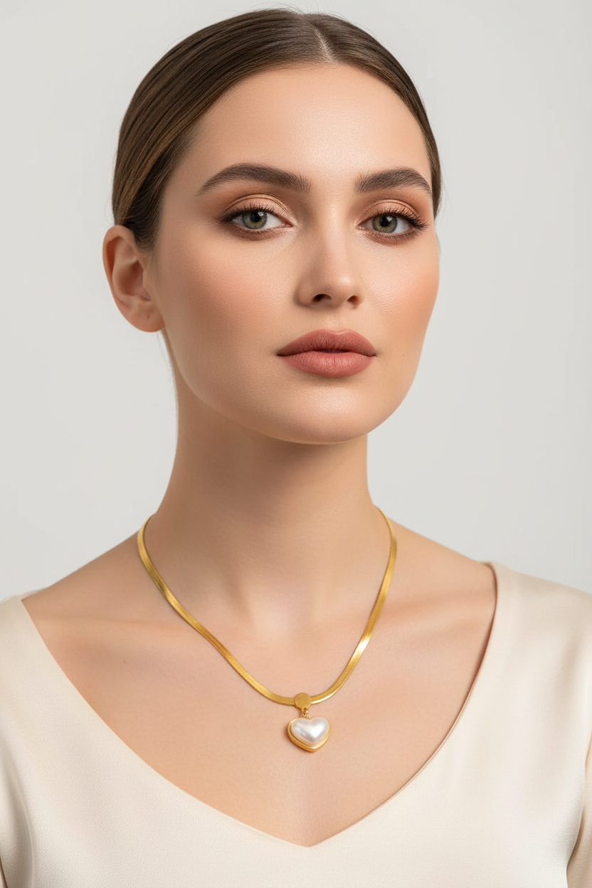 Gold Heart White Shell Snake Chain Necklace