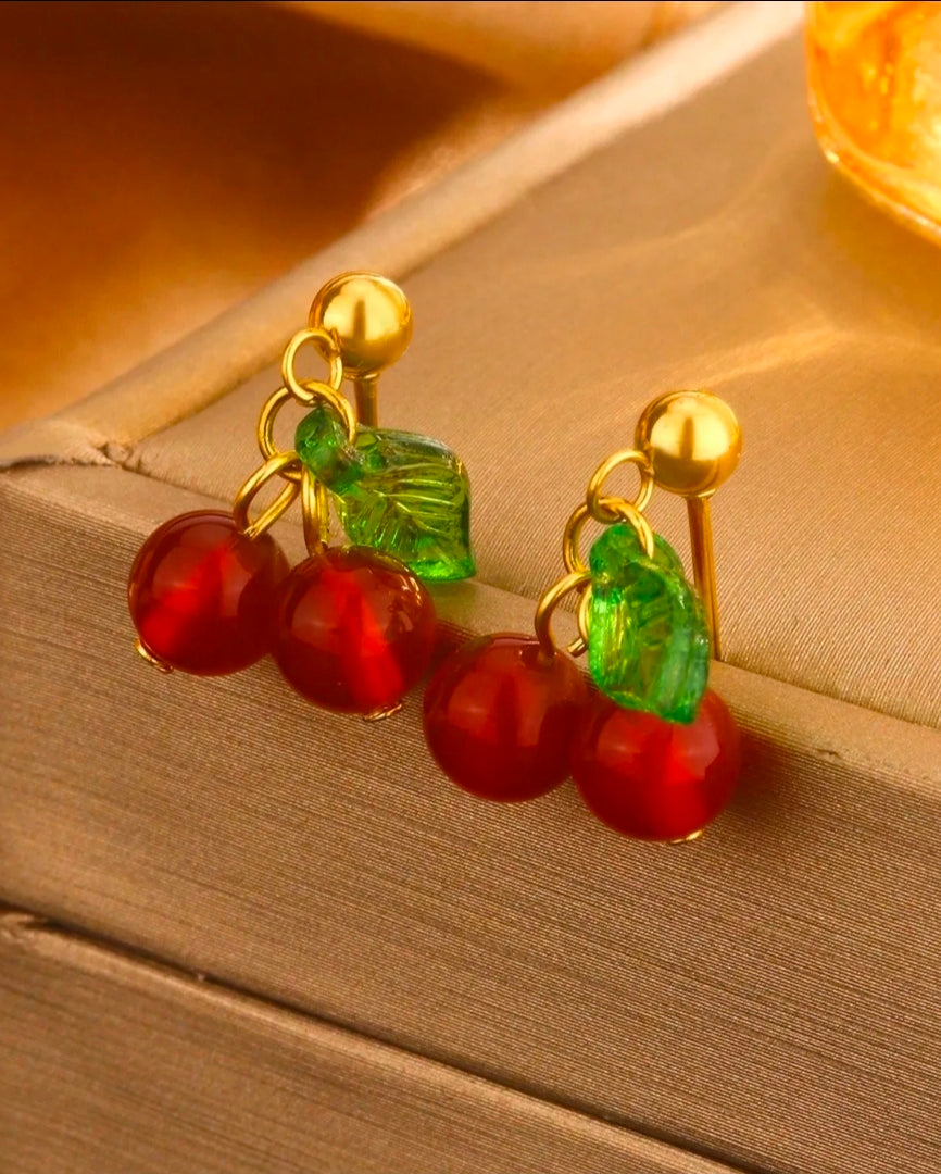 Gold Cherry Fruit Necklace & Earring Set