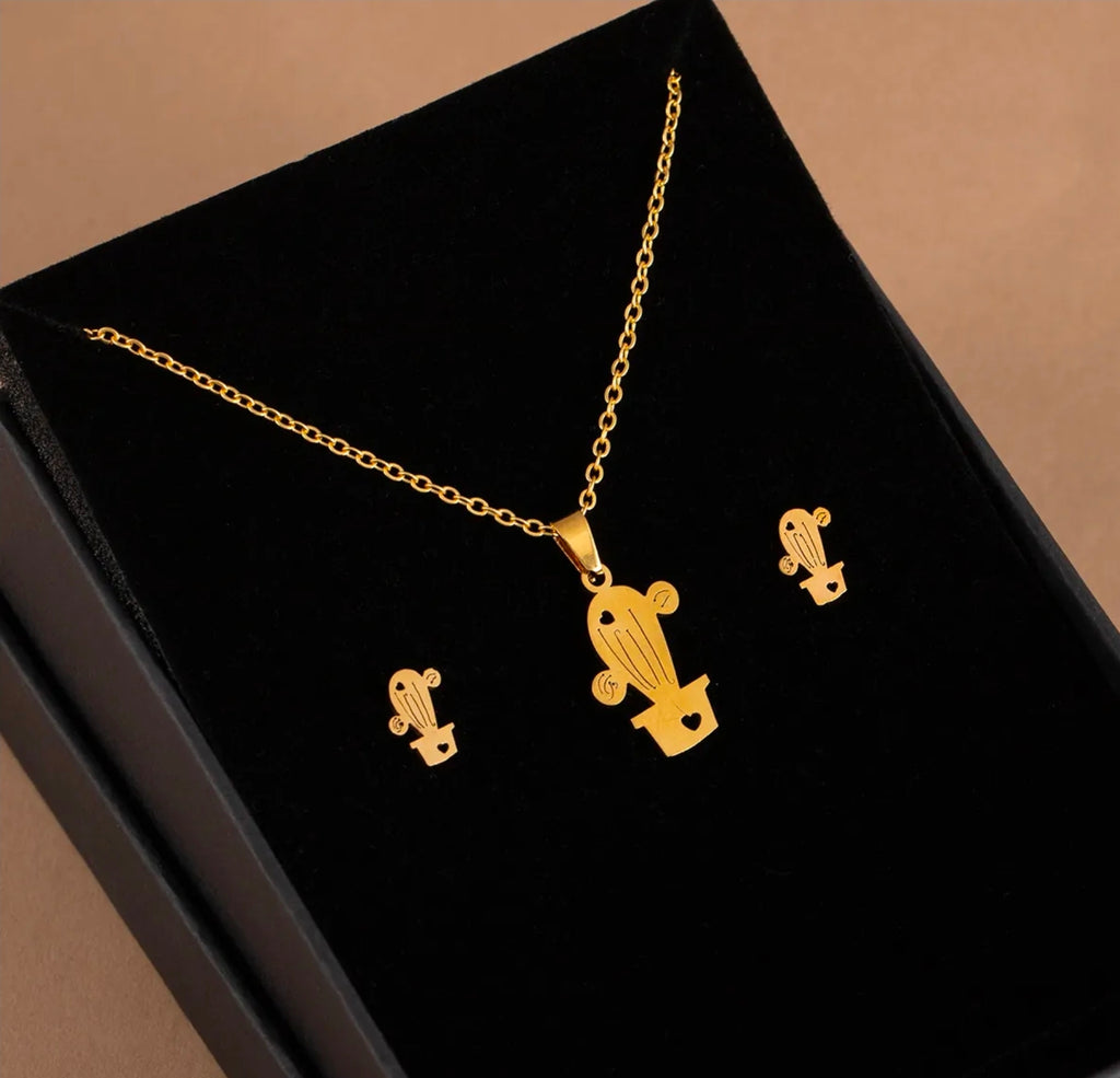 Cactus Potted Plant Fashion Jewelry Necklace And Earrings For Women 304 Stainless Steel Gift Set
