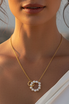 Pearl Double Ring Gold Plated Stainless Steel Necklace For Women Fashion Jewelry Minimalist