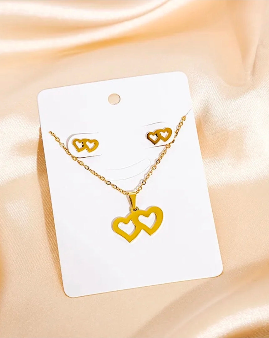 Classic Interlocking Hearts Fashion Jewelry Necklace And Earrings For Women 304 Stainless Steel Gift Set
