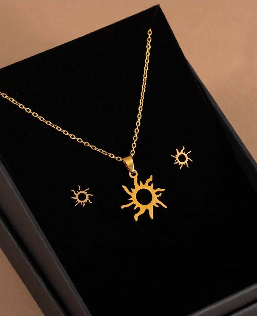 Sunburst Rays Style Fashion Jewelry Necklace And Earrings For Women 304 Stainless Steel Gift Set