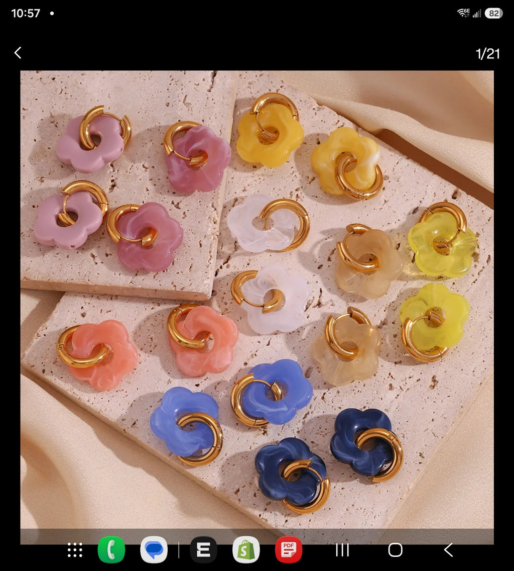 Gold Colorful Resin Flower Hoop Drop Earrings