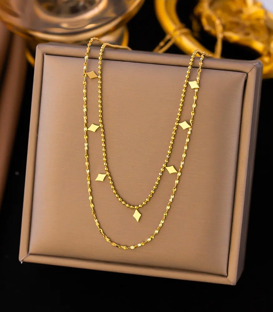 Rhombus double layer Gold Plated Stainless Steel Necklace For Women Fashion Jewelry Minimalist