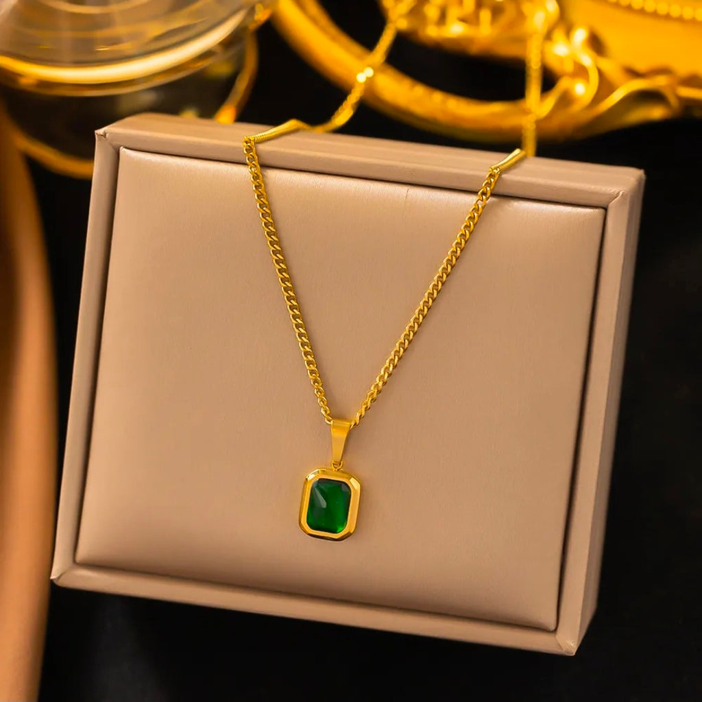Green Stone Gold Plated Stainless Steel Necklace For Women Fashion Jewelry Minimalist