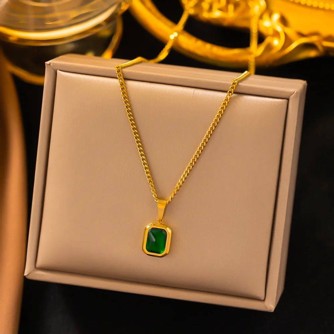 Green Stone Gold Plated Stainless Steel Necklace For Women Fashion Jewelry Minimalist