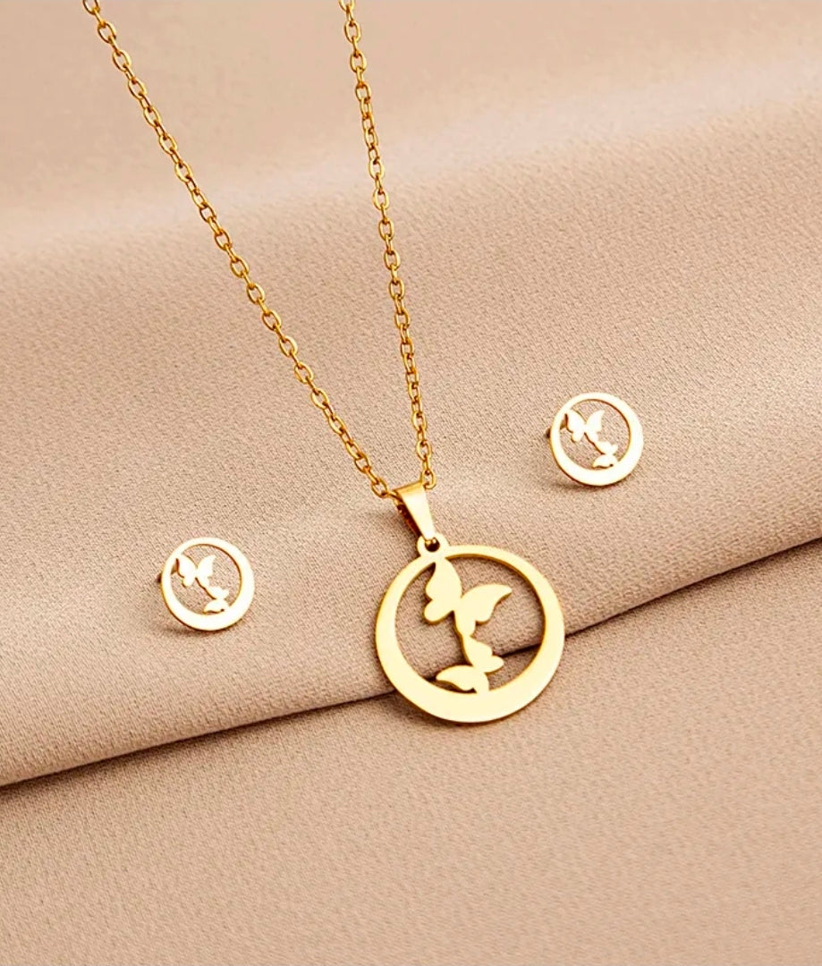 Circle Frame Butterfly Fashion Jewelry Necklace And Earrings For Women 304 Stainless Steel Gift Set