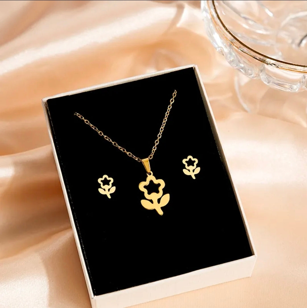 Plant Flower Style Fashion Jewelry Necklace And Earrings For Women 304 Stainless Steel Gift Set