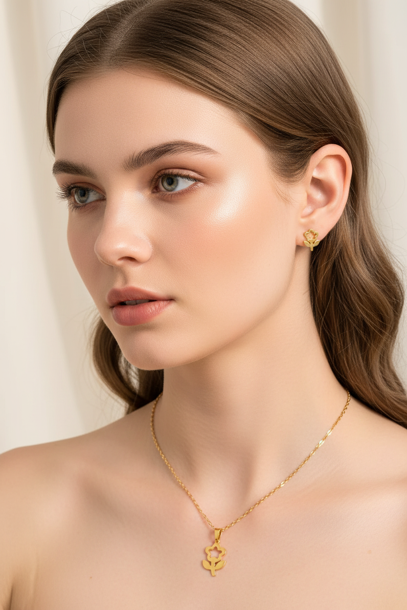 Plant Flower Style Fashion Jewelry Necklace And Earrings For Women 304 Stainless Steel Gift Set