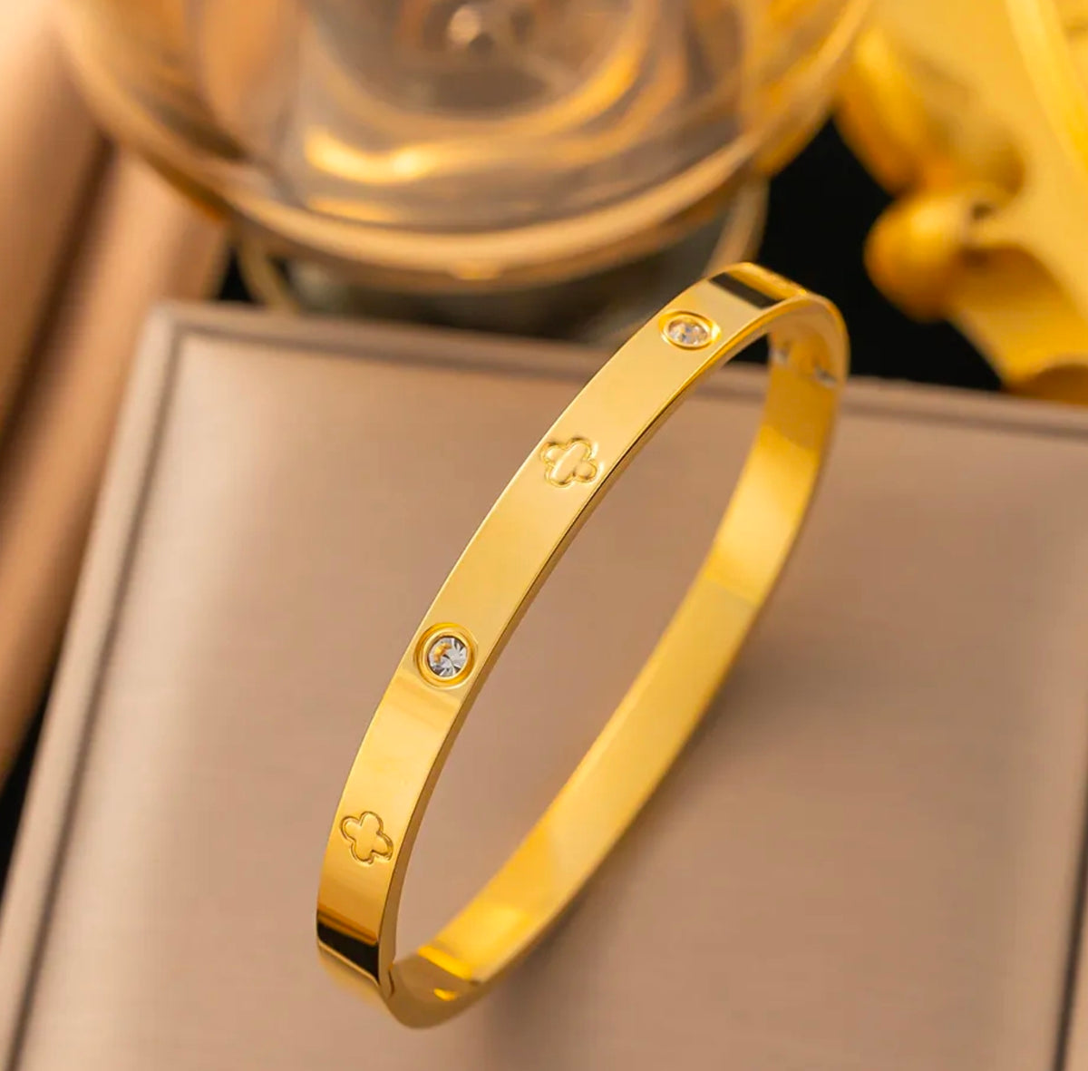 Gold Rhinestone Clover Bangle