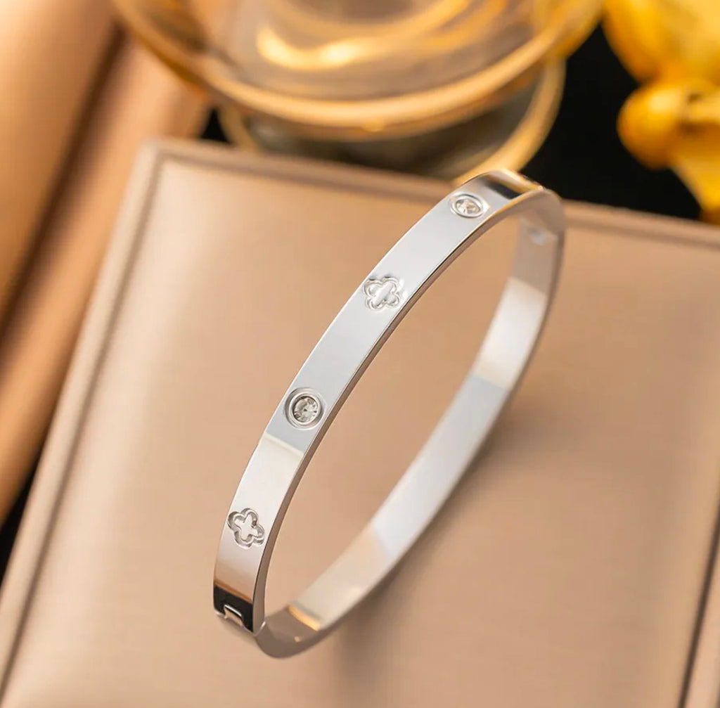 Gold Rhinestone Clover Bangle