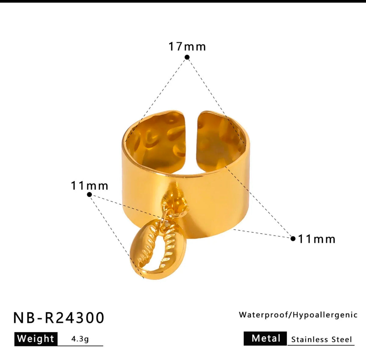 Gold Shell Pendant Hammered Ring