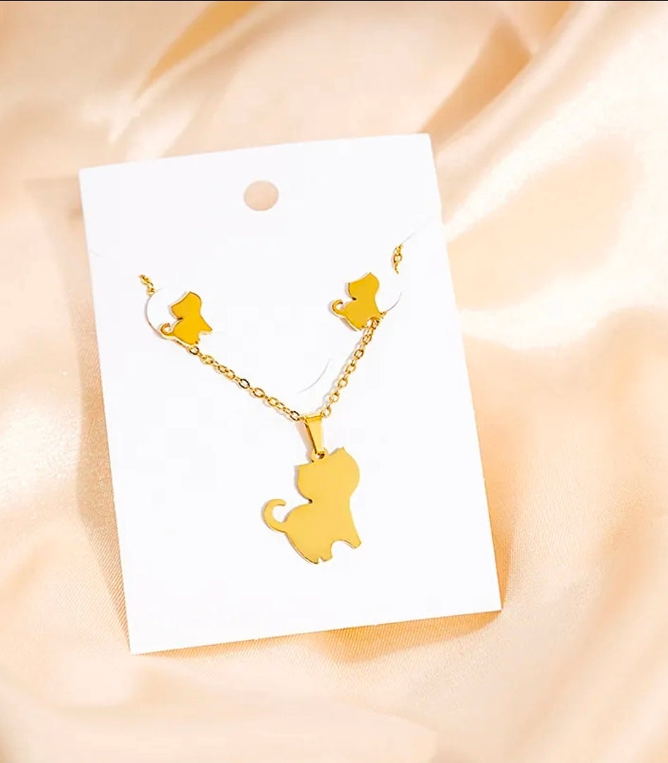 Cat Silhouette Style Fashion Jewelry Necklace And Earrings For Women 304 Stainless Steel Gift Set
