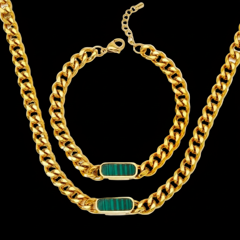 316 Stainless Steel Cuban Link 
Necklace Bracelet Jewelry Set For Women 
Men 18K Gold Plated Gold Plated Geometric Inlay 
Commuter Accessory