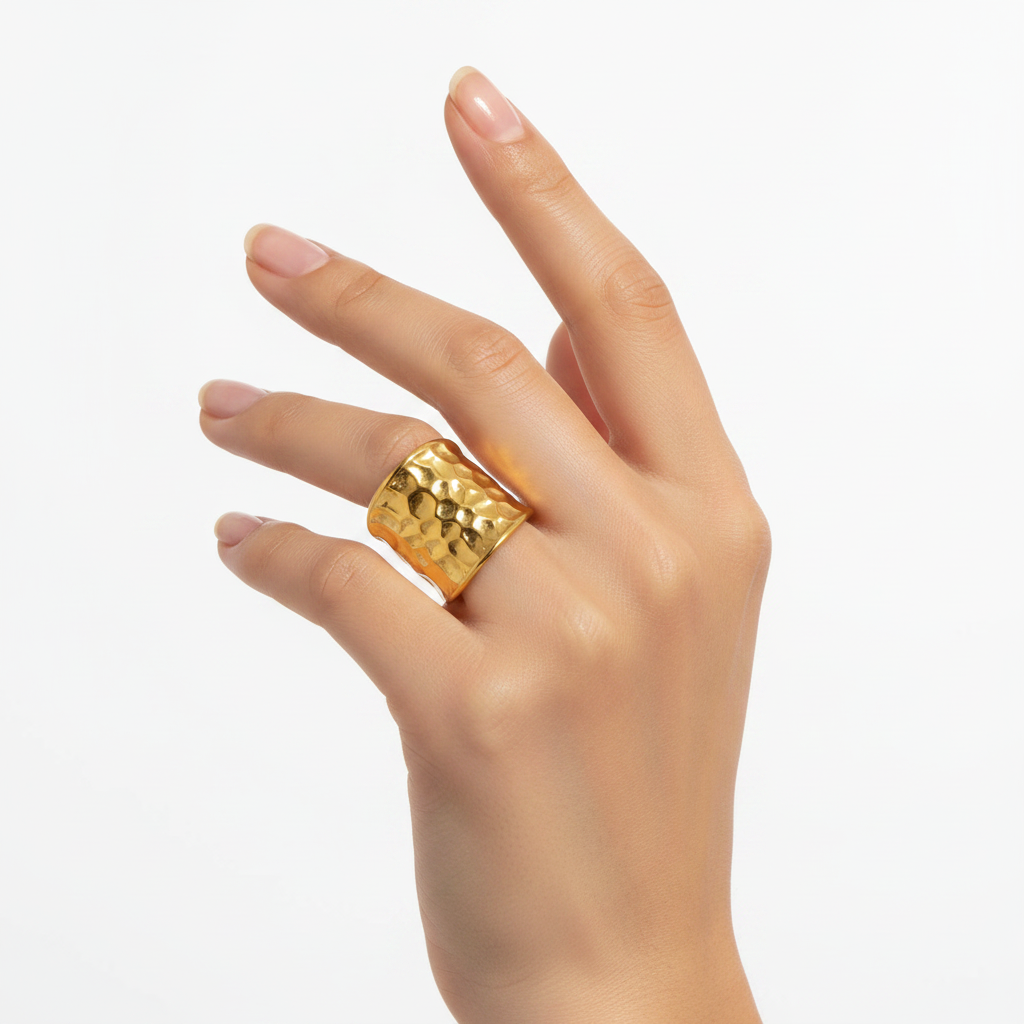 Gold Wide Hammered Surface Open Ring