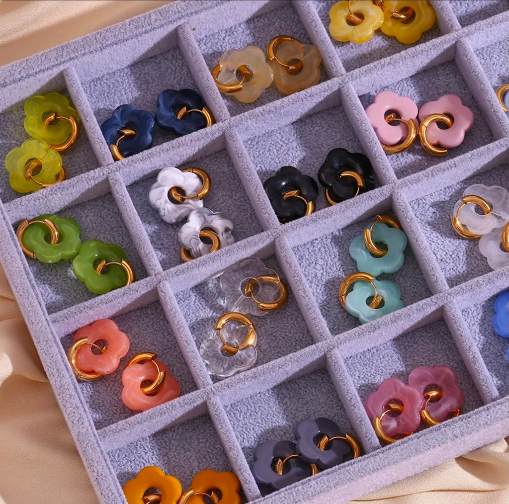Gold Colorful Resin Flower Hoop Drop Earrings