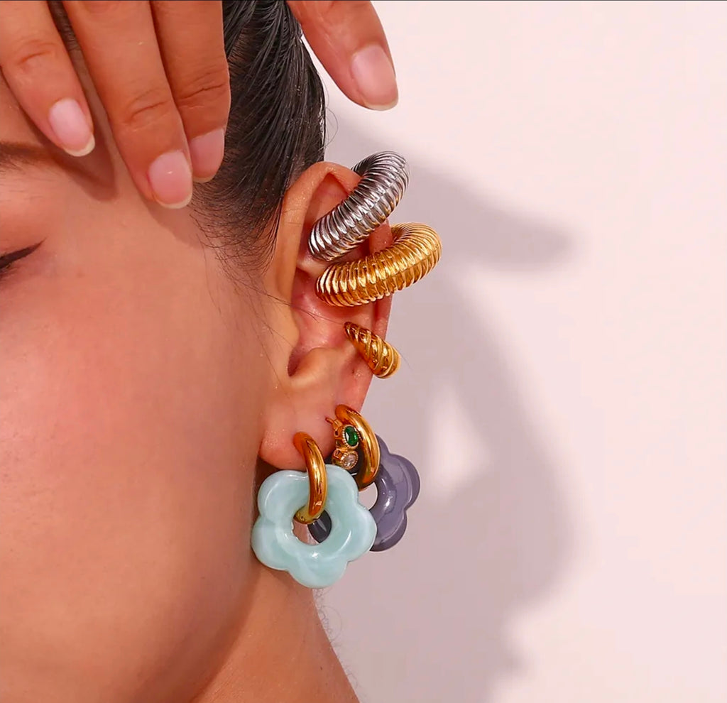 Gold Colorful Resin Flower Hoop Drop Earrings
