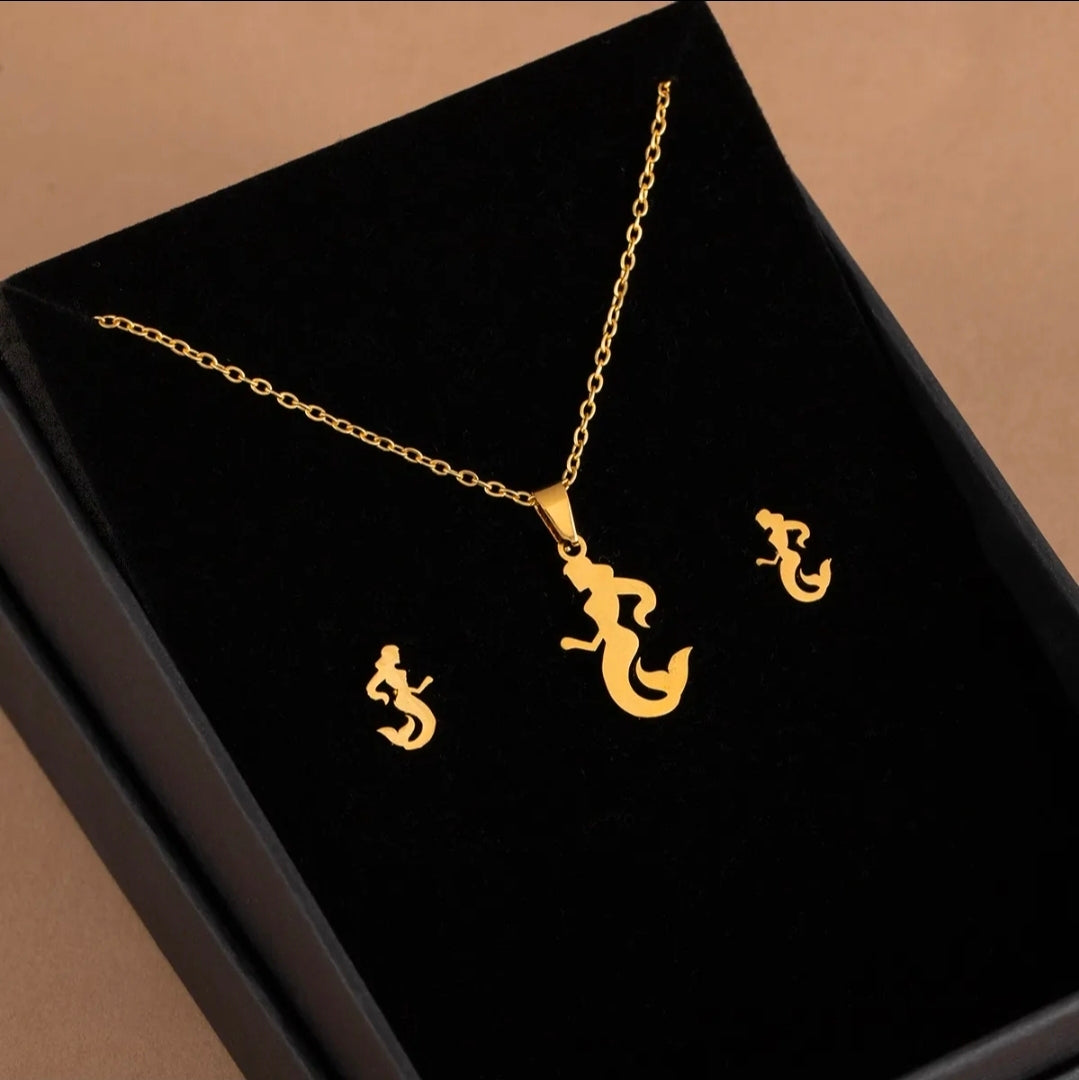 Mermaid Silhouette Fashion Jewelry Necklace And Earrings For Women 304 Stainless Steel Gift Set