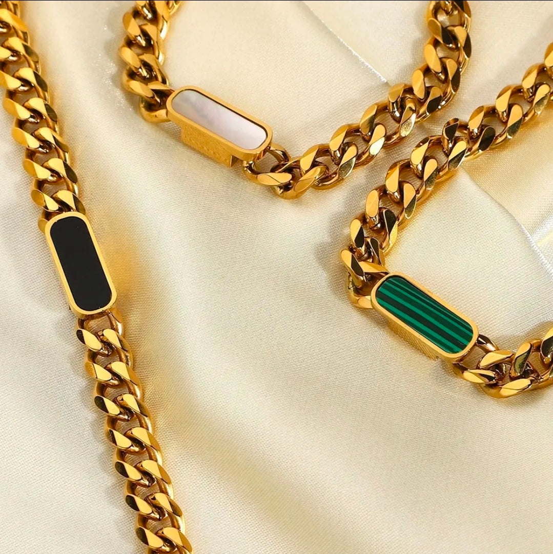 316 Green Stainless Steel Cuban Link Necklace/ Bracelet Jewelry Set For Unisex 18K Gold Plated Accessory