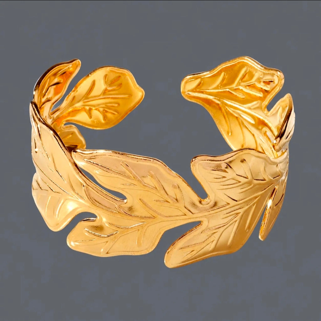 Leaf Vein Texture Women Stainless Steel Open Cuff Bracelet 18K Gold Plated Fashion Jewelry