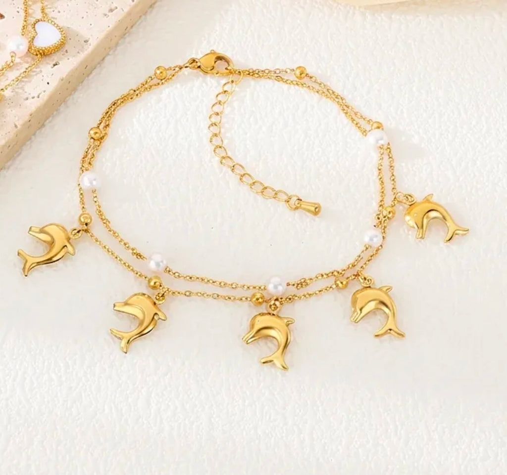 Gold Double Layer Heart Dolphin Pearl Anklet