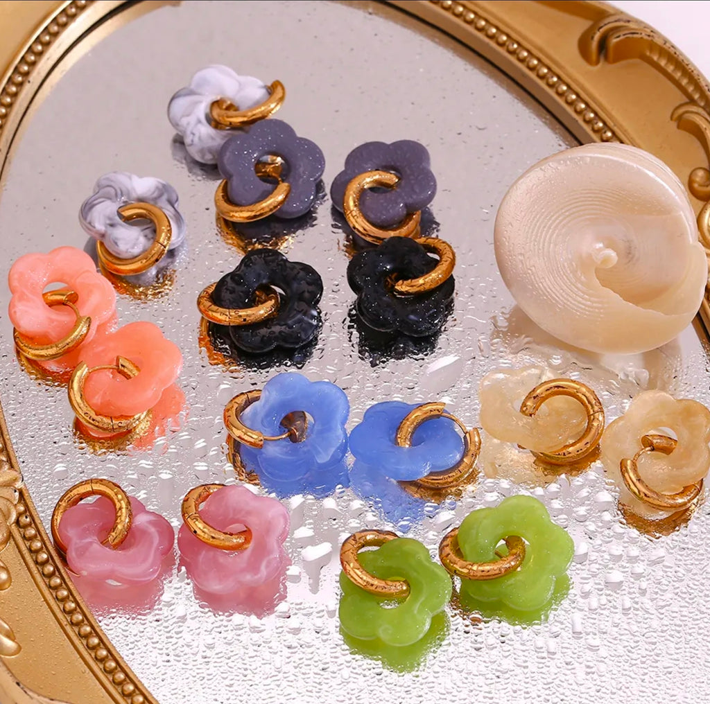 Gold Colorful Resin Flower Hoop Drop Earrings