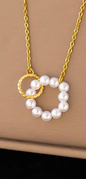 Pearl Double Ring Gold Plated Stainless Steel Necklace For Women Fashion Jewelry Minimalist