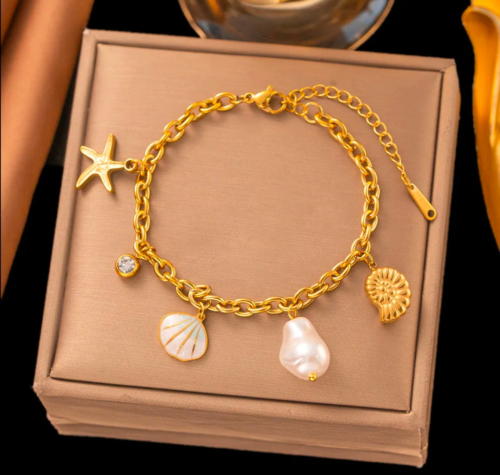 Titanium Steel 18K Gold Plated 
Bracelet For Women Fashion Luxury 
Stainless Steel Heart Butterfly Shell 
Rhinestone Charm Bracelet Jewelry Gift