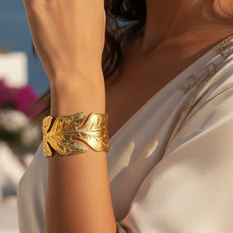 Leaf Vein Texture Women Stainless Steel Open Cuff Bracelet 18K Gold Plated Fashion Jewelry