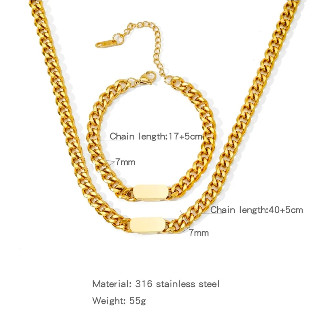 316 Stainless Steel Cuban Link Necklace Bracelet Jewelry Set For Women Men 18K Gold plated Accessory