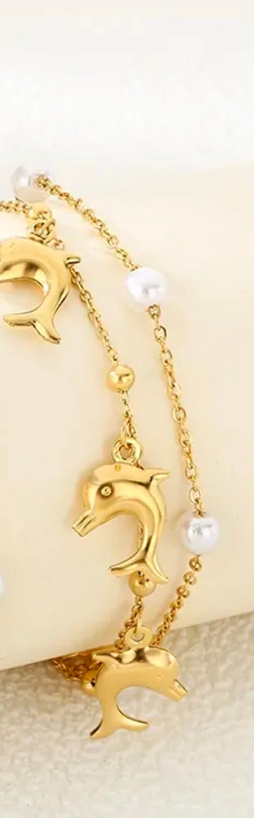 Gold Double Layer Heart Dolphin Pearl Anklet