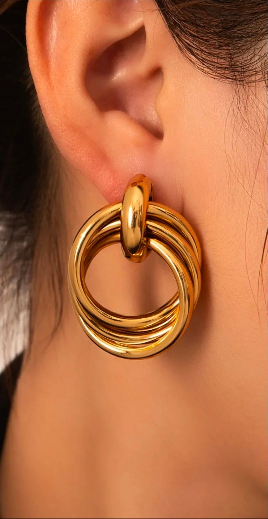 Gold Triple Hoop Spliced Stud Earrings
