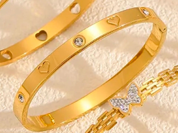 Gold Hollow Heart Butterfly Zircon Bangle