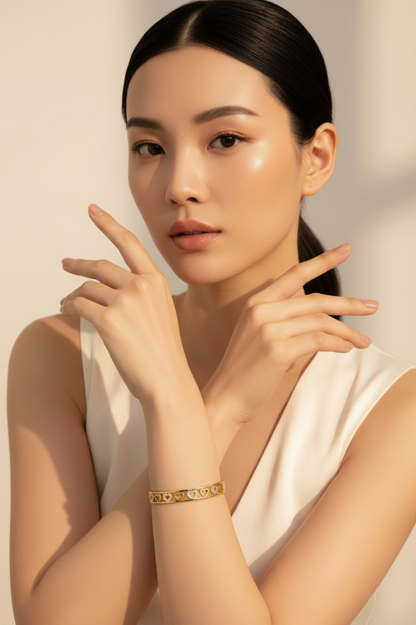 Gold Hollow Heart Butterfly Zircon Bangle