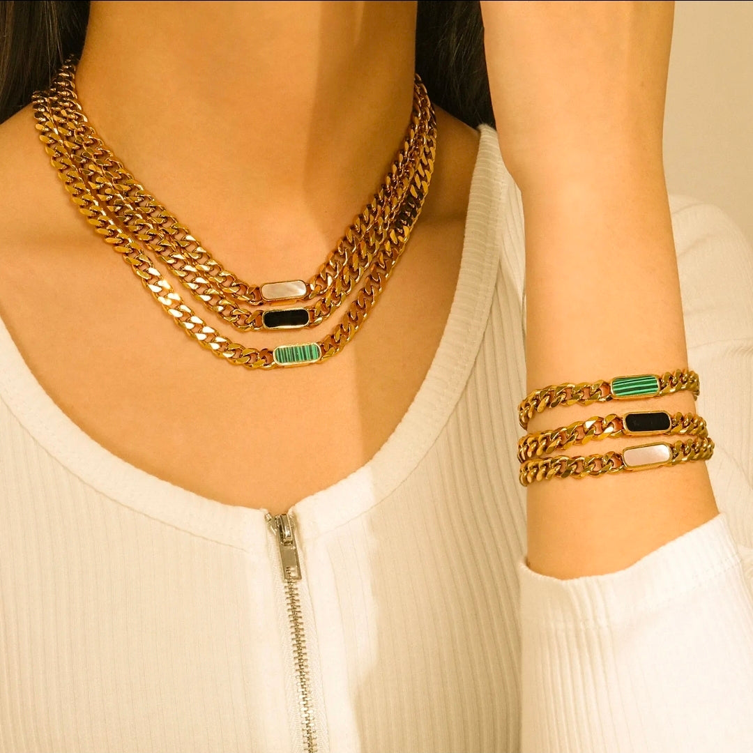316 Green Stainless Steel Cuban Link Necklace/ Bracelet Jewelry Set For Unisex 18K Gold Plated Accessory