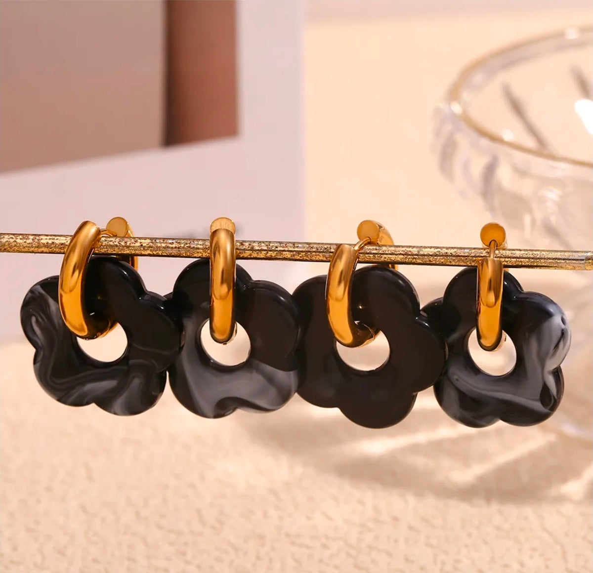 Gold Colorful Resin Flower Hoop Drop Earrings