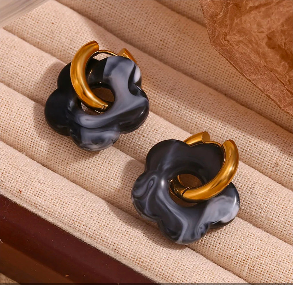Gold Colorful Resin Flower Hoop Drop Earrings