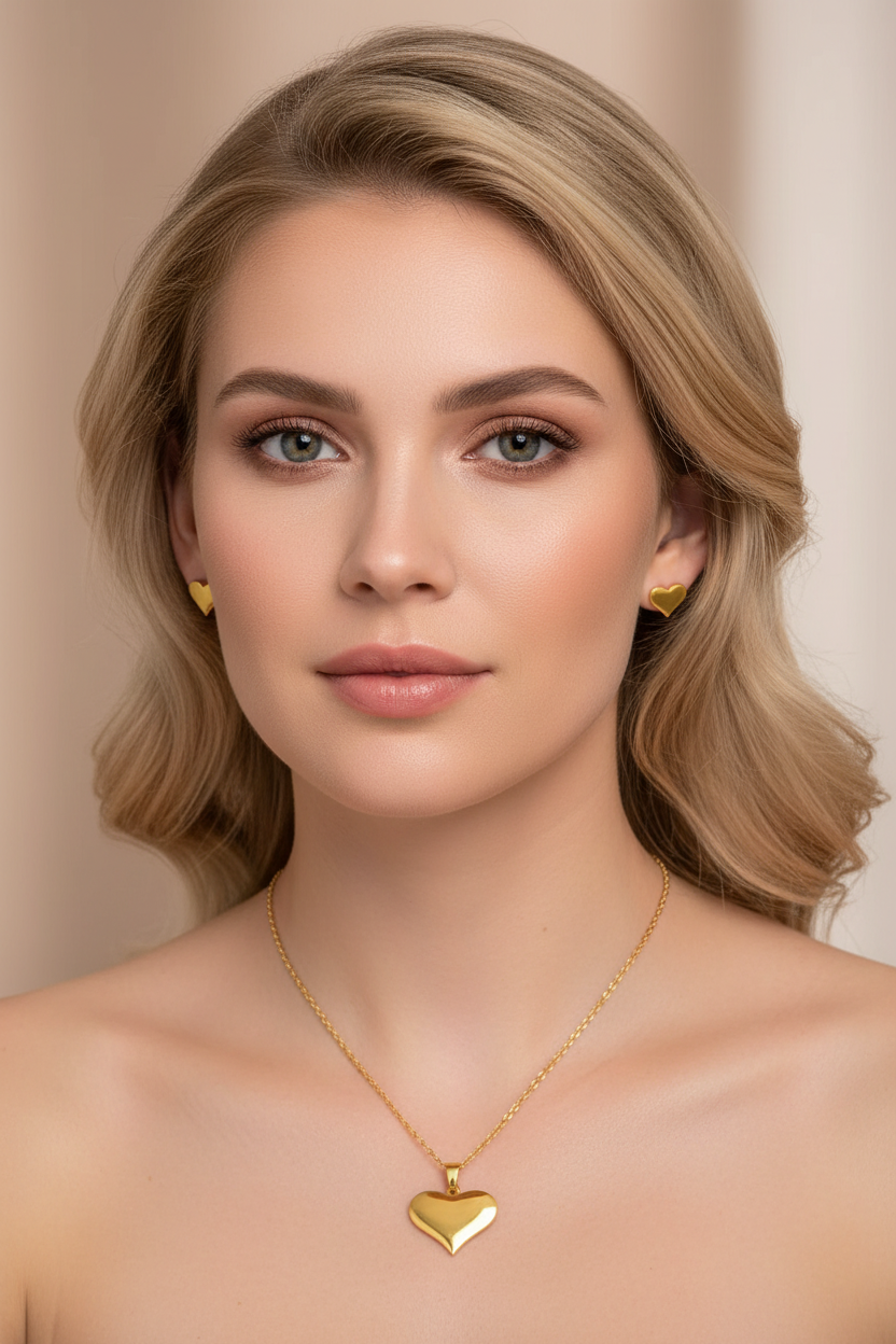 Polished Heart Fashion Jewelry Necklace And Earrings For Women 304 Stainless Steel Gift Set
