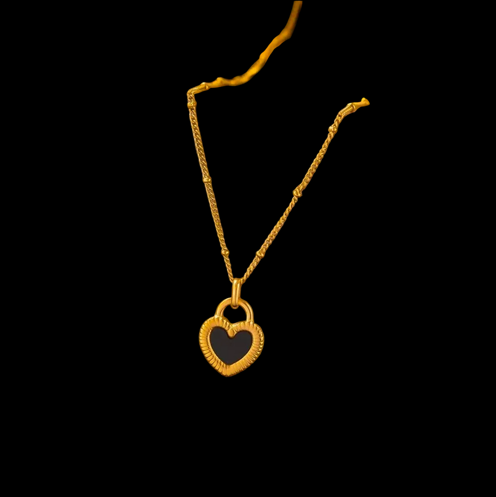 Gold Double Sided Black Heart Pendant Necklace
