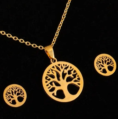 Tree of Life Round Disc Fashion Jewelry Necklace And Earrings For Women 304 Stainless Steel Gift Set