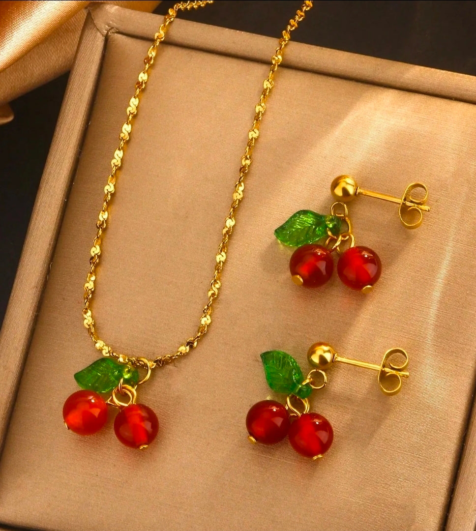 Gold Cherry Fruit Necklace & Earring Set